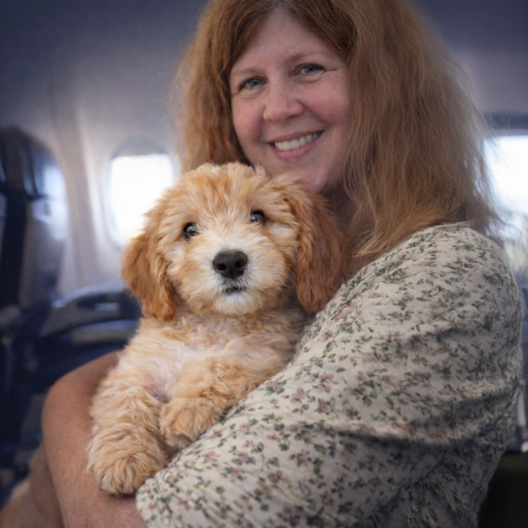 ChaCha Doodles breeder holding a Goldendoodle puppy in an airplane cabin during Stork Delivery