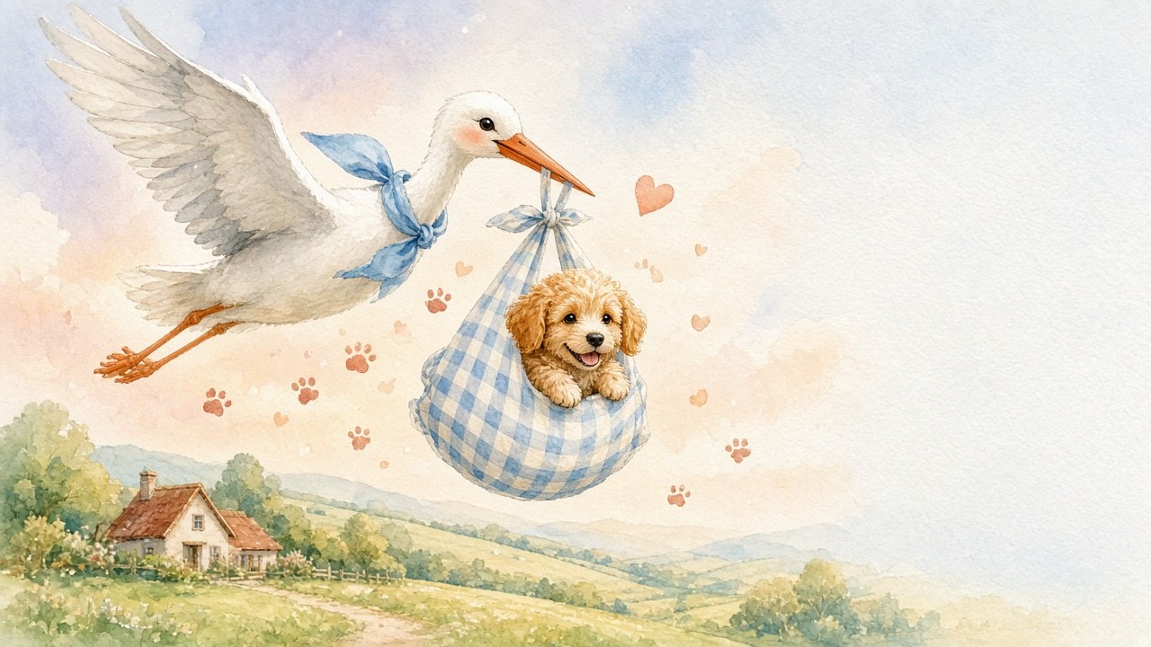 Watercolor illustration of a stork carrying a Goldendoodle puppy in a gingham bundle