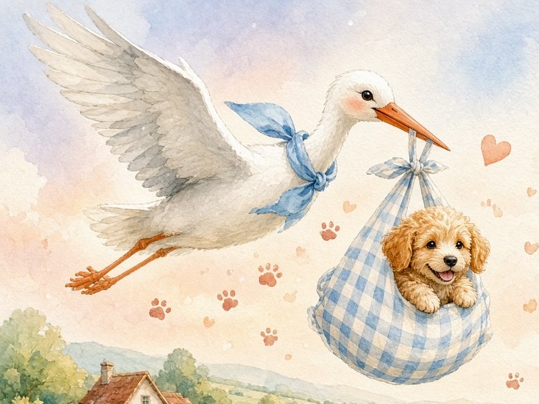 Watercolor illustration of a stork carrying a Goldendoodle puppy in a gingham bundle